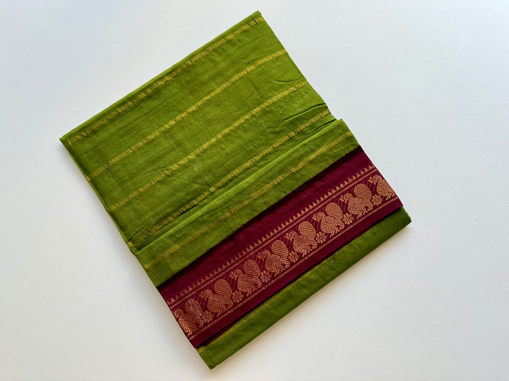 Green Madurai Sungudi Cotton Saree with Zari Work and Red Contrasting Borders