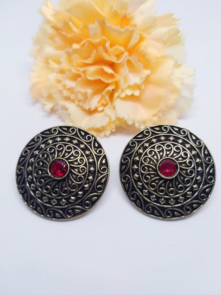 Anti Gold Plated Ear Studs Round Red Stone