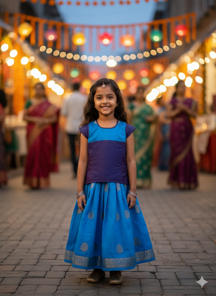 Art Silk Pattu Pavadai / Skirt in Blue Shades - 2 yrs