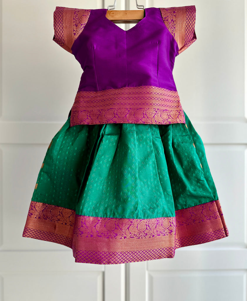Art Silk Pattu Pavadai / Skirt in Green Colour with Magenta Top - 1 yr