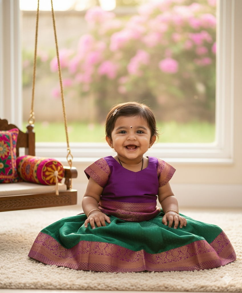 Art Silk Pattu Pavadai / Skirt in Green Colour with Magenta Top - 1 yr
