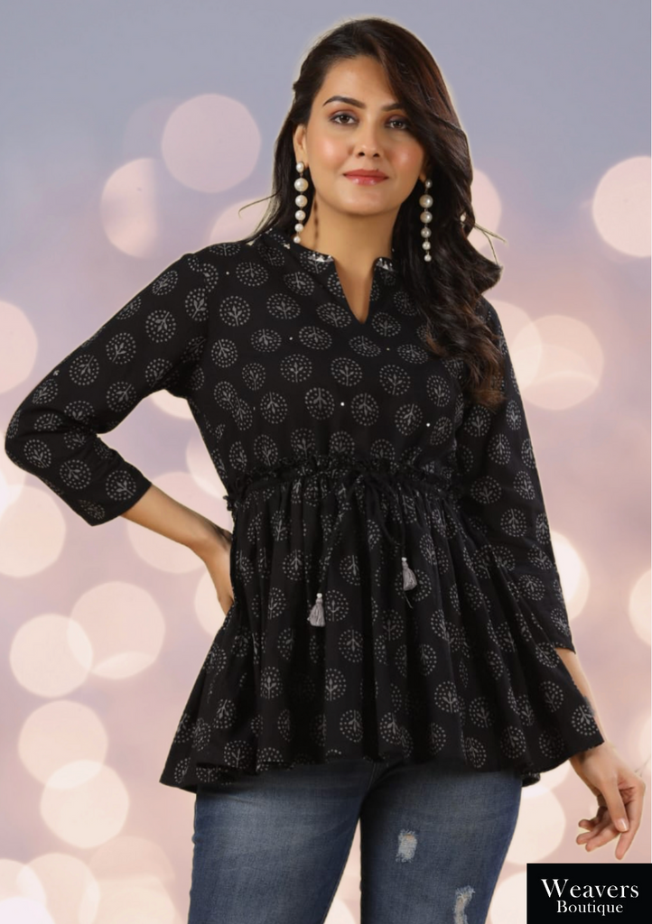 Black Printed Short Top For Women