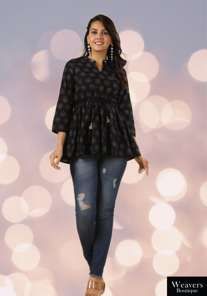 Black Printed Short Top For Women