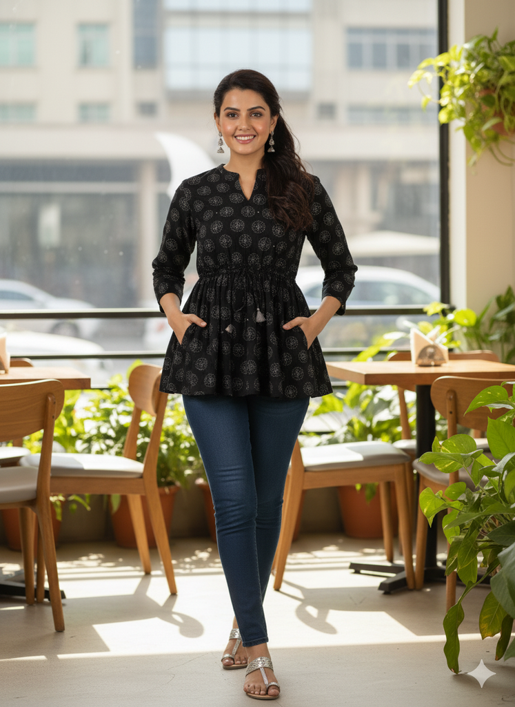Black Cotton Printed Short Kurta