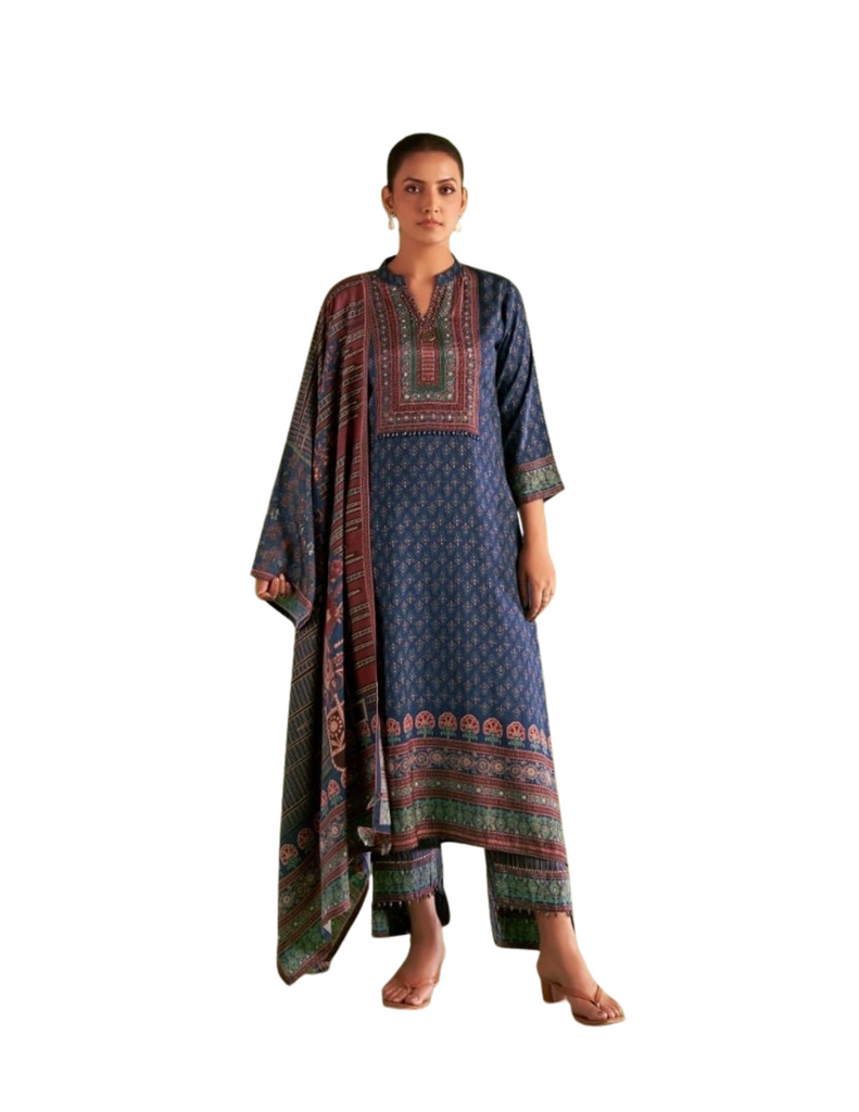 Blue and Green Salwar Suit - Crepe - 3 pieces