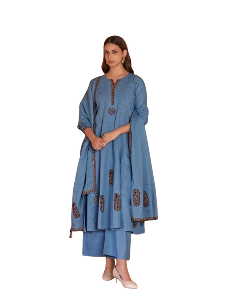 Blue and Maroon Salwar Suit - Cotton - 3 pieces