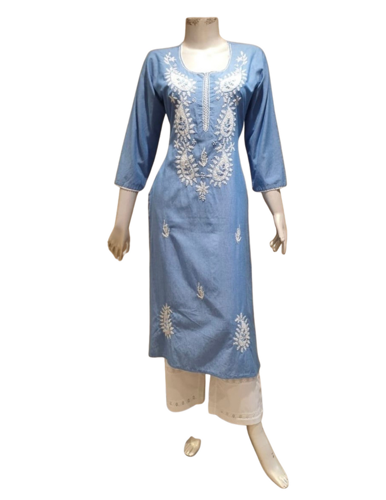 Blue and White Salwar Suit - Cotton - 3 pieces