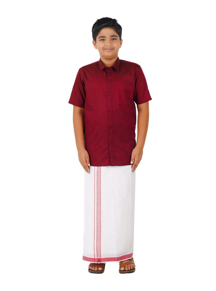 Boys Maroon Cotton Shirt Premium Quality and White Dhoti Set with Golden Zari
