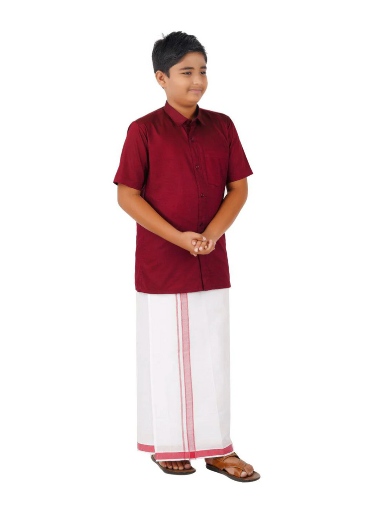 Boys Maroon Cotton Shirt Premium Quality and White Dhoti Set with Golden Zari
