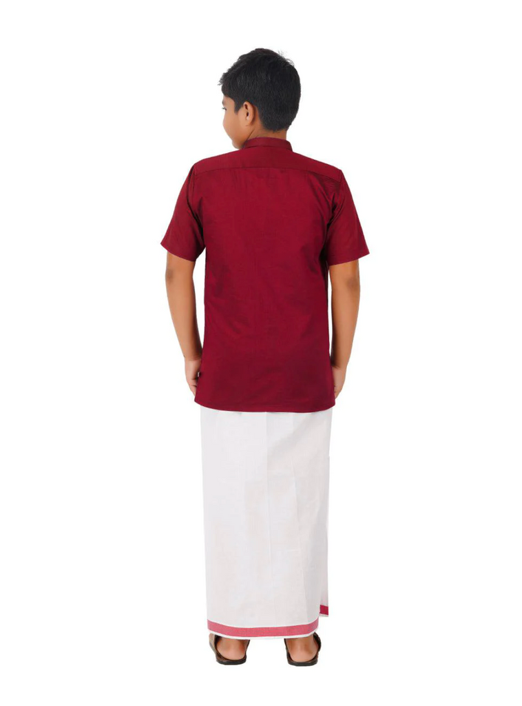 Boys Maroon Cotton Shirt Premium Quality and White Dhoti Set with Golden Zari