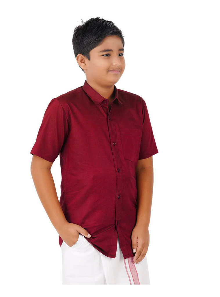 Boys Maroon Cotton Shirt Premium Quality and White Dhoti Set with Golden Zari