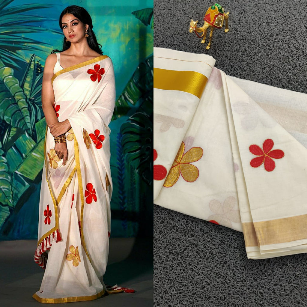 Kerala Cotton Saree With Flower Embroidery
