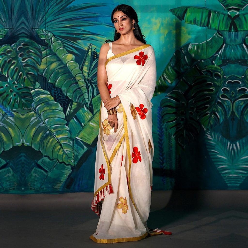 Kerala Cotton Saree With Flower Embroidery