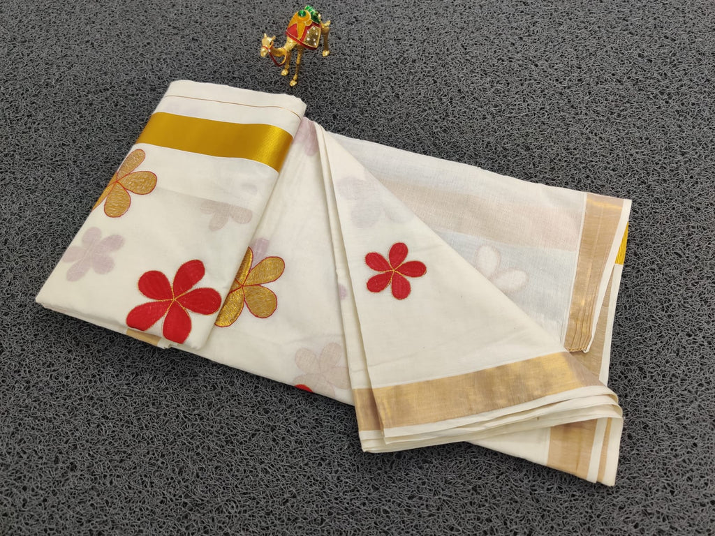 Kerala Cotton Saree With Flower Embroidery