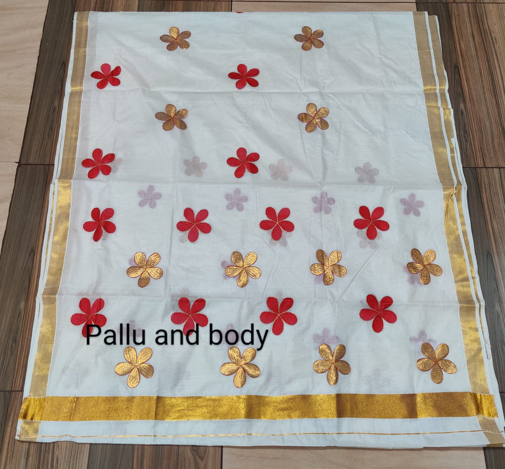 Kerala Cotton Saree With Flower Embroidery