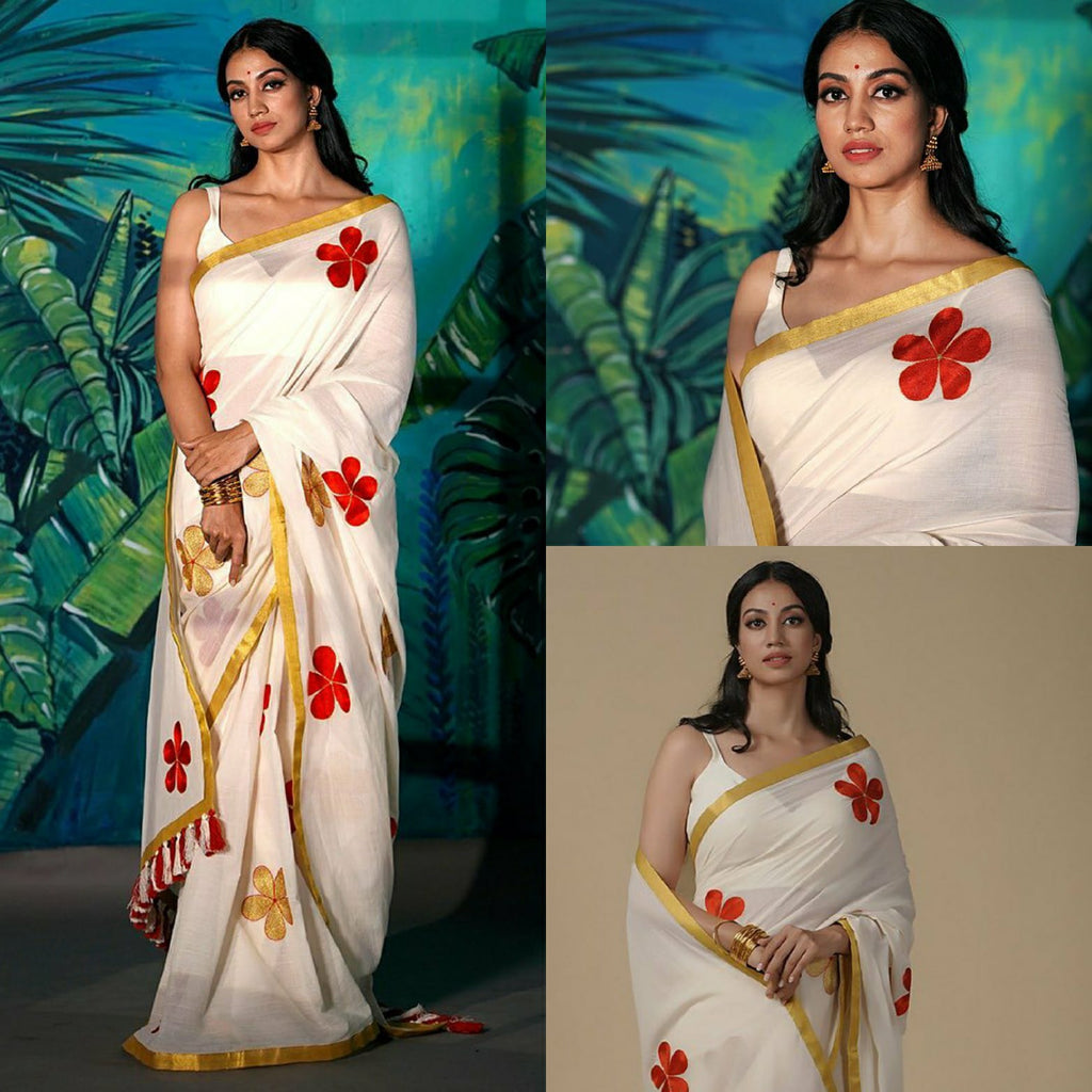 Kerala Cotton Saree With Flower Embroidery