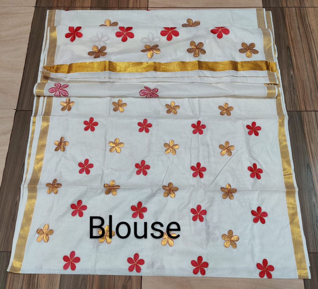 Kerala Cotton Saree With Flower Embroidery