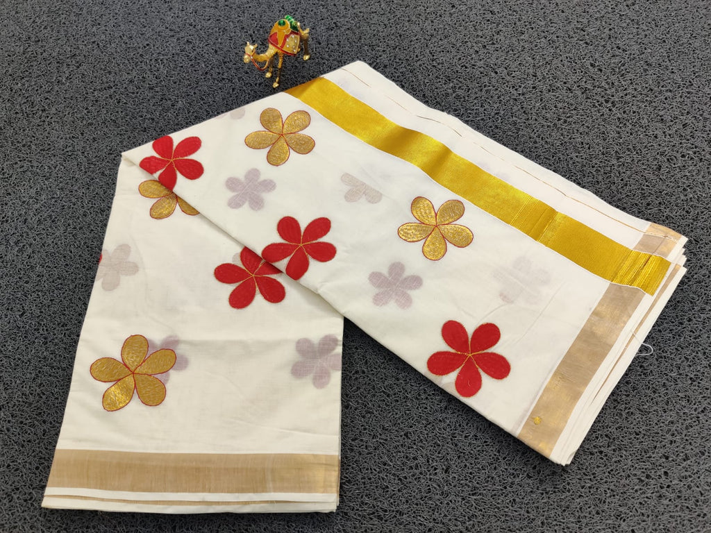 Kerala Cotton Saree With Flower Embroidery