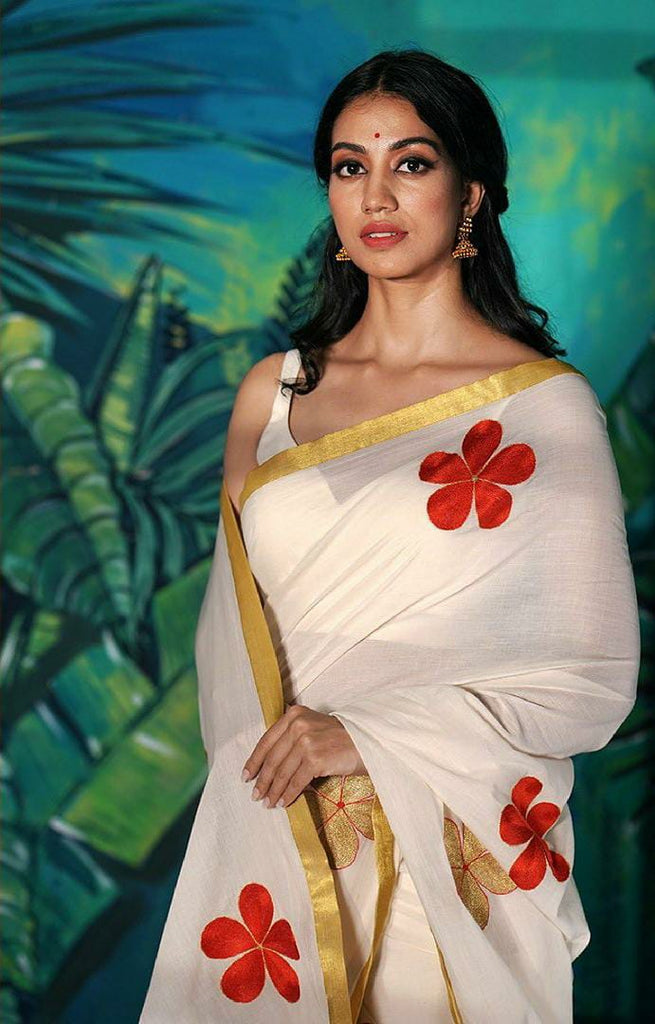 Kerala Cotton Saree With Flower Embroidery