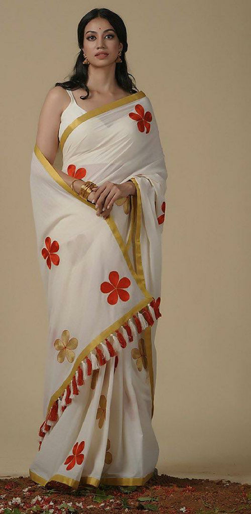 Kerala Cotton Saree With Flower Embroidery