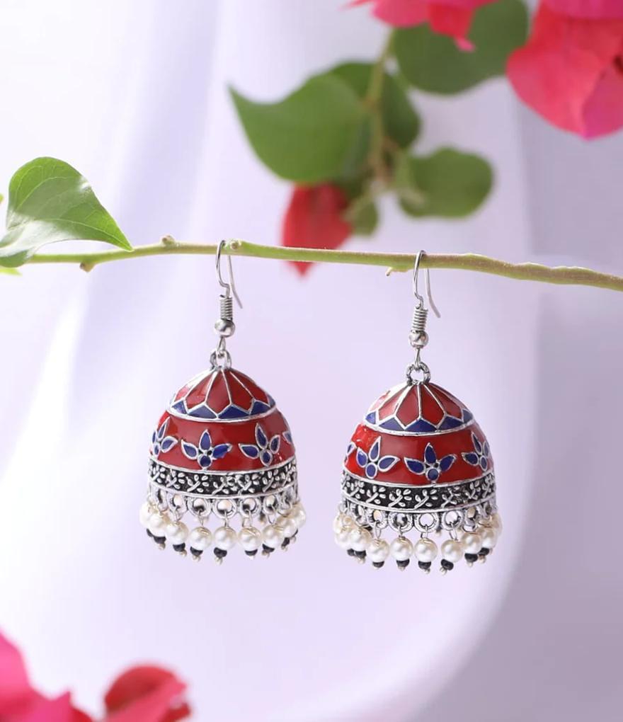 Fine Enamel Work Silver Oxidised Plated Jhumki - Red and Blue with Pearls