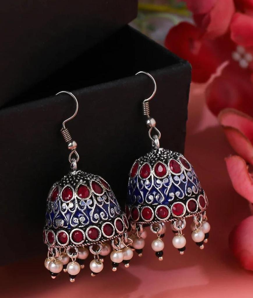 Fine Enamel Work Silver Oxidised Plated Jhumki - Red with Pearls