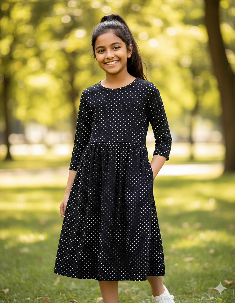 Girls Below Knee Length Dress with Sleeves - Black