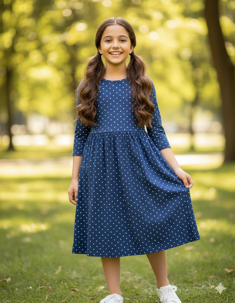 Girls Below Knee Length Dress with Sleeves - Navy Blue