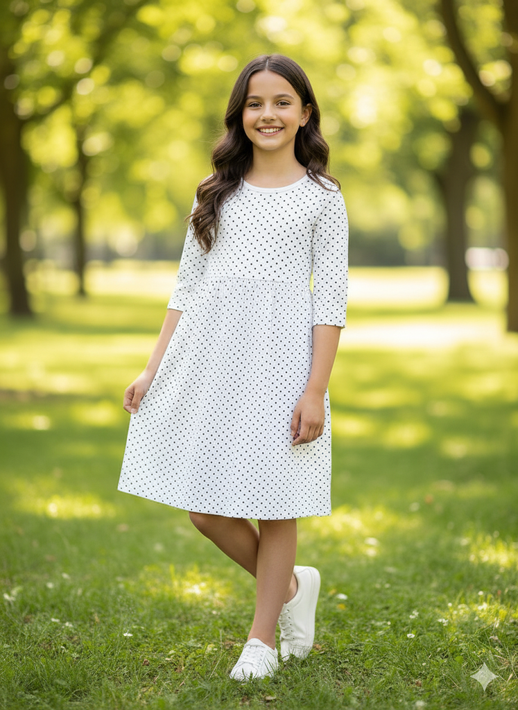 Girls Below Knee Length Dress with Sleeves - Off White