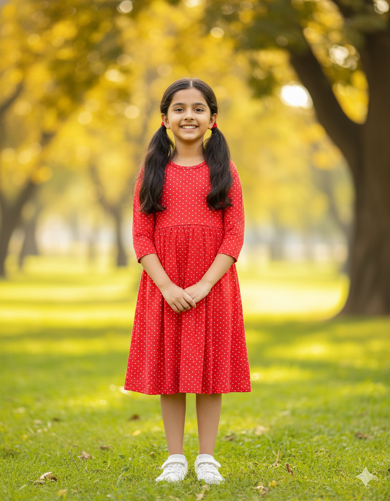 Girls Below Knee Length Dress with Sleeves - Red