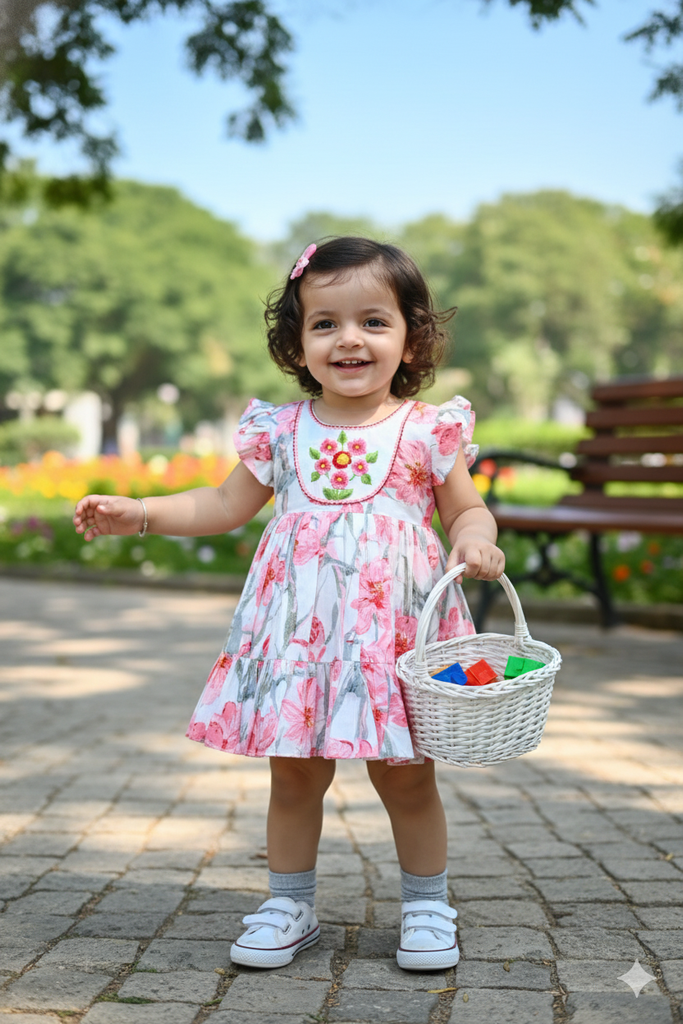 Girls Ethnic Wear - Pink and Grey Frock