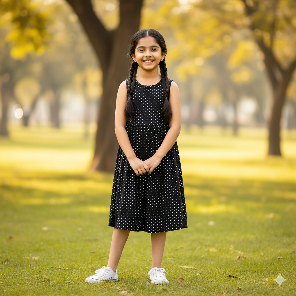 Girls Below Knee Length Sleeveless Dress - Black