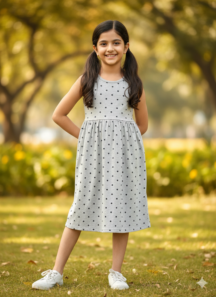 Girls Below Knee Length Sleeveless Dress - Grey