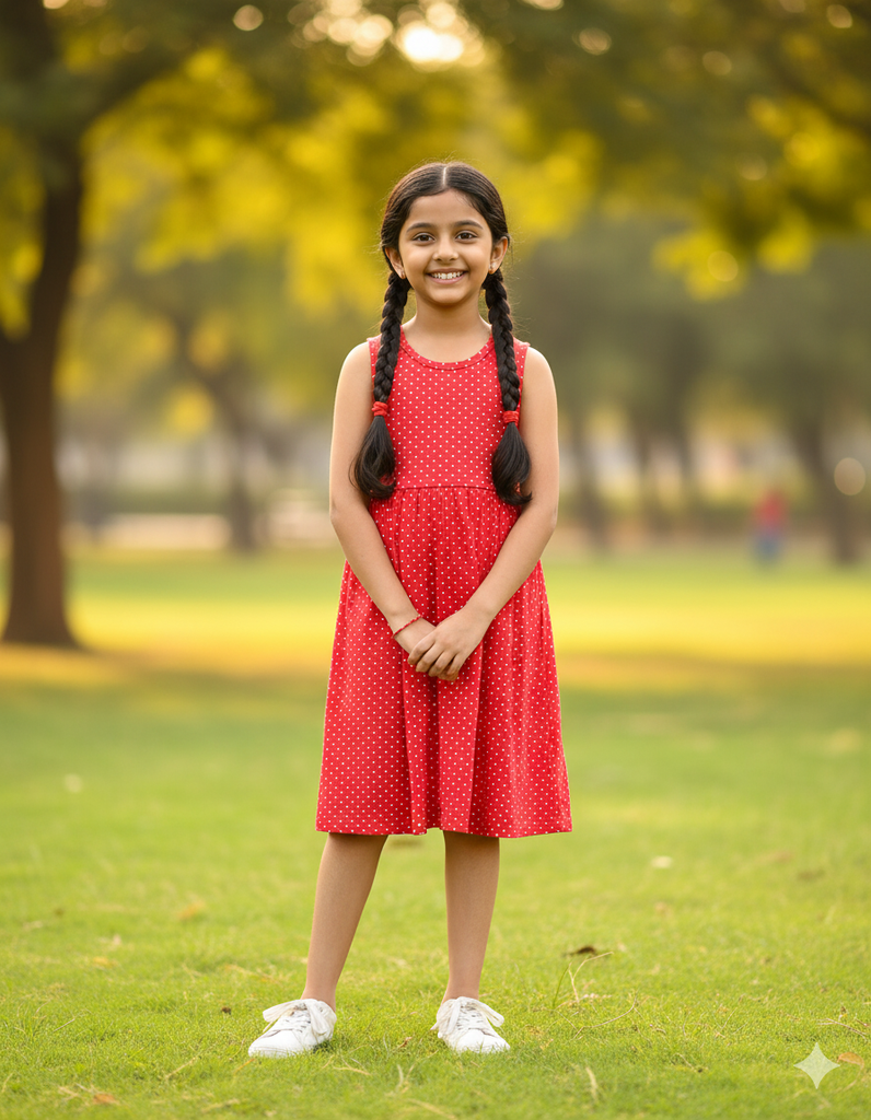 Girls Below Knee Length Sleeveless Dress - Red
