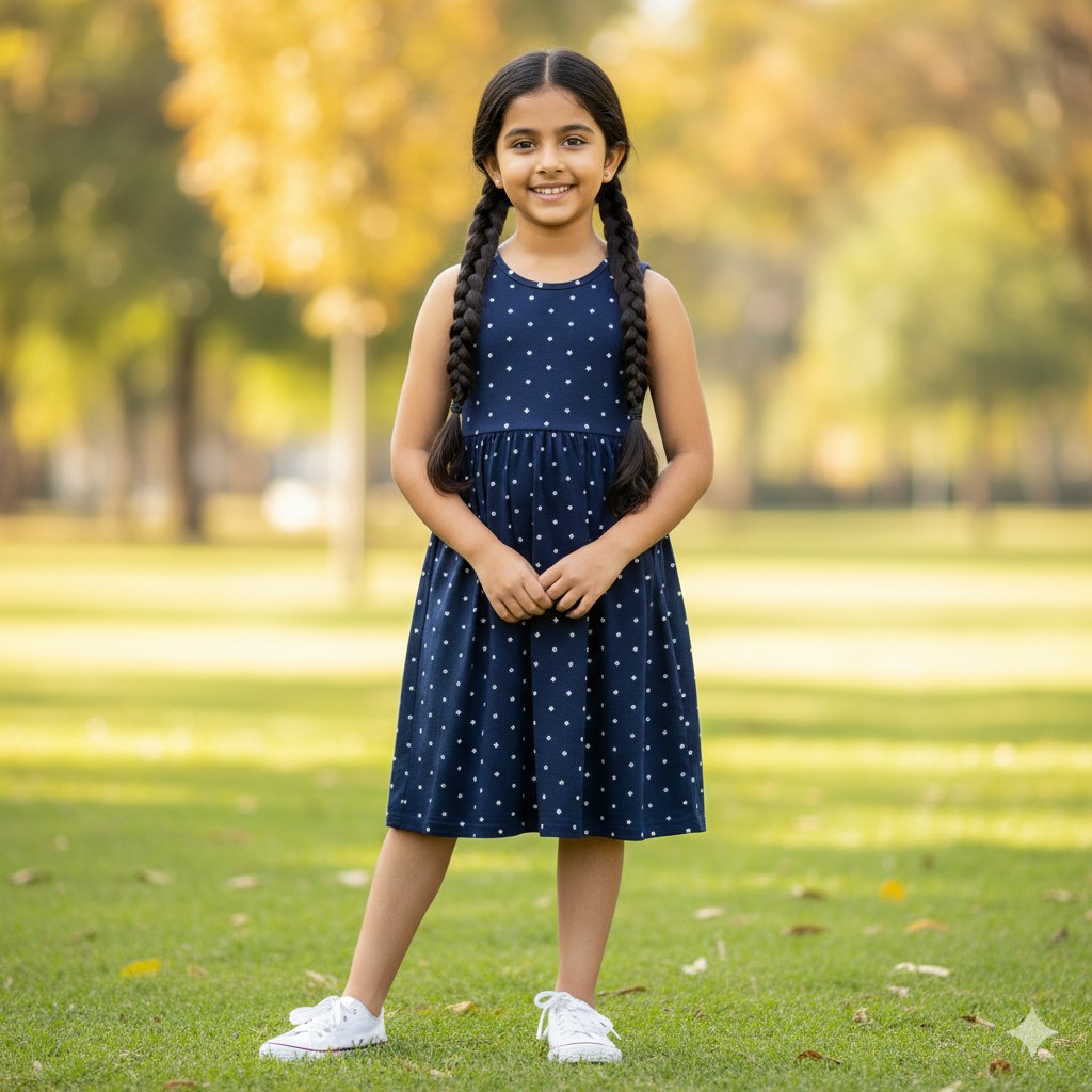 Girls Below Knee Length Sleeveless Dress - Navy Blue
