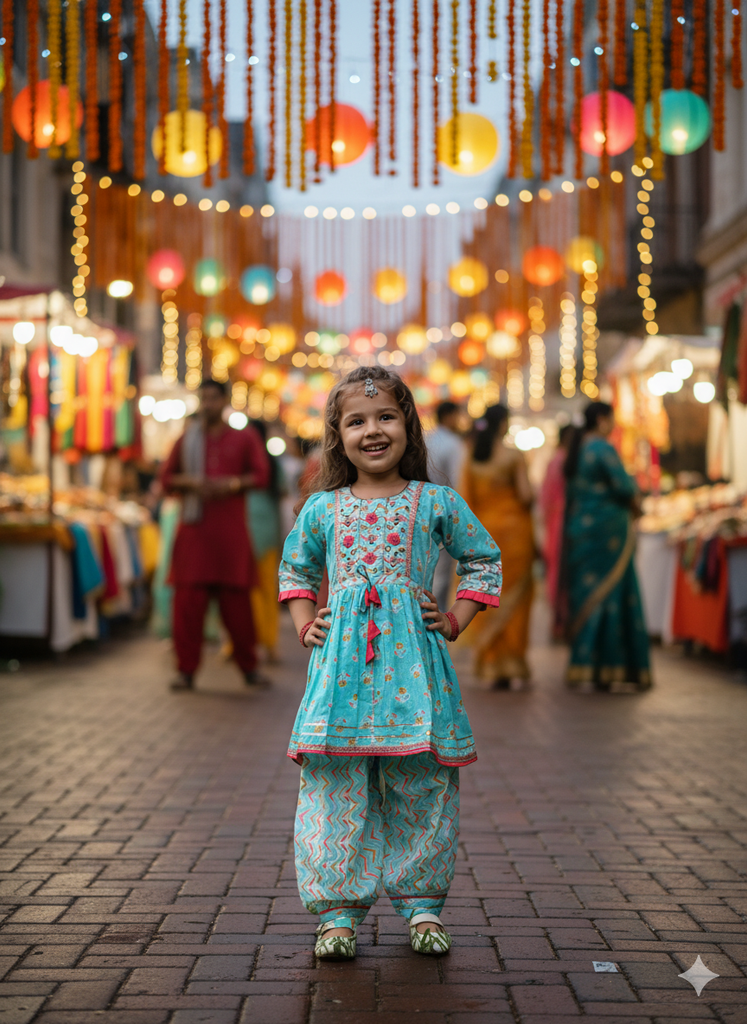 Girls Ethnic Wear - Blue Kurta Set
