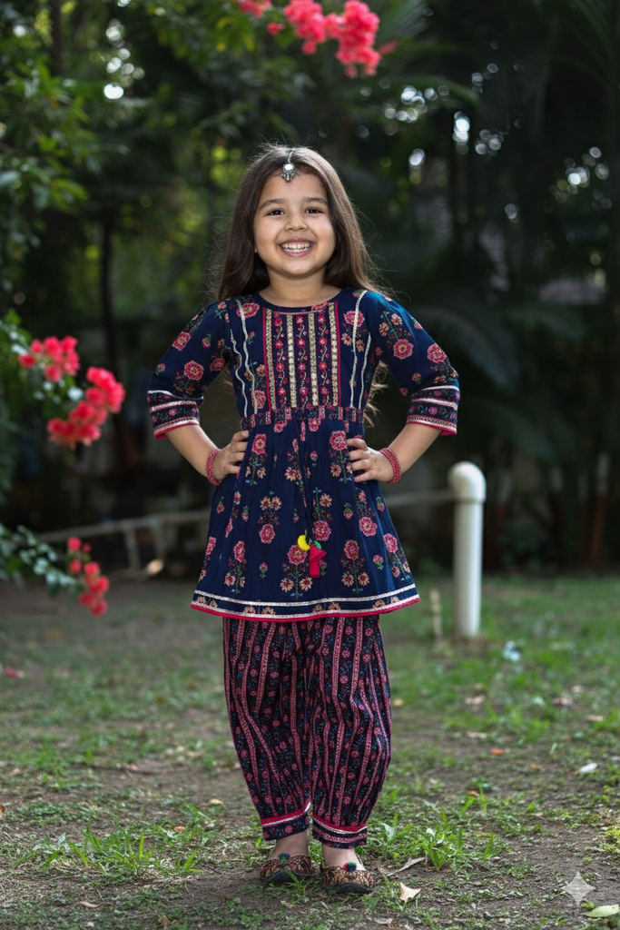 Girls Ethnic Wear - Blue and Pink Kurta Set