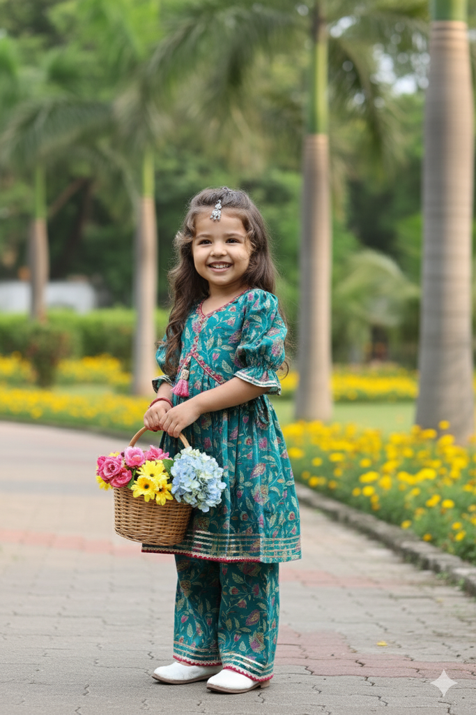 Girls Ethnic Wear - Green Kurta Set