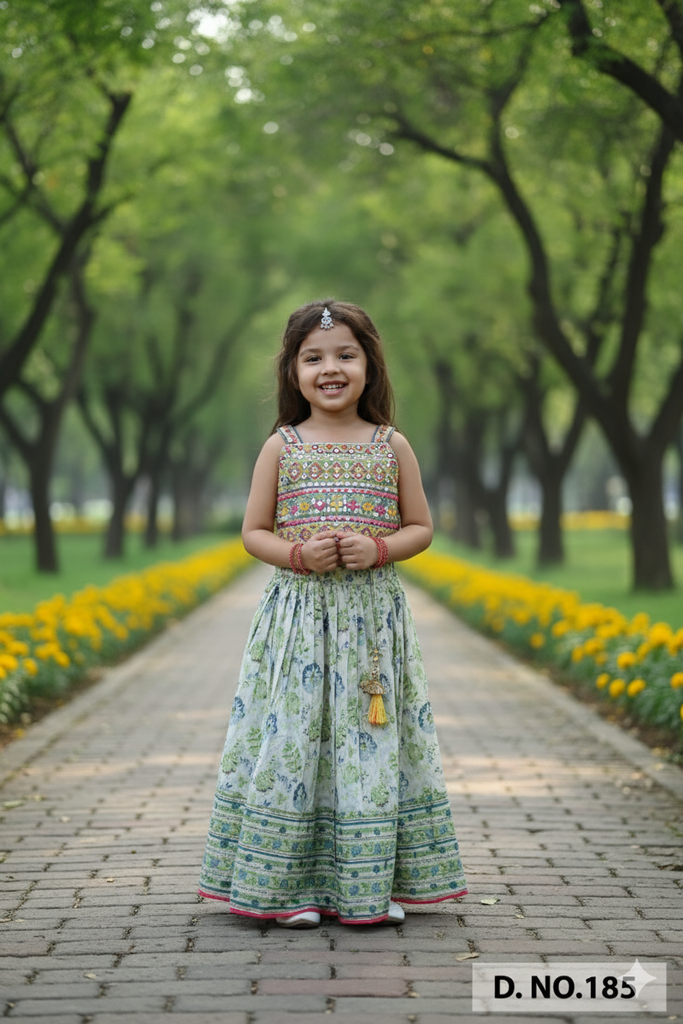 Girls Ethnic Wear - Green Lehenga Choli Set-Orig