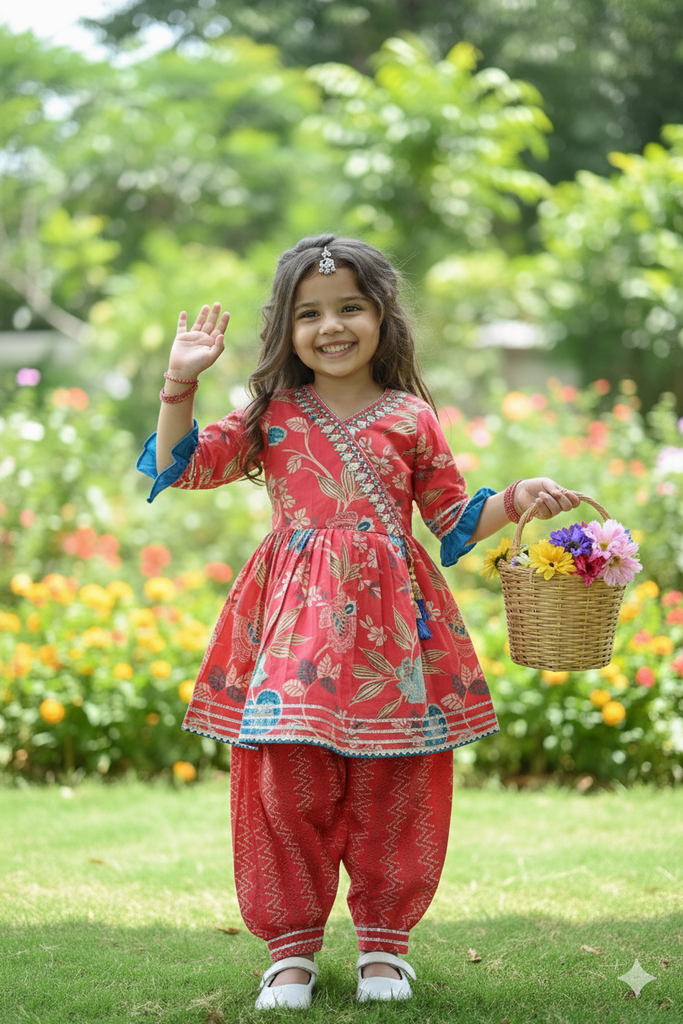Girls Ethnic Wear - Red Kurta Set