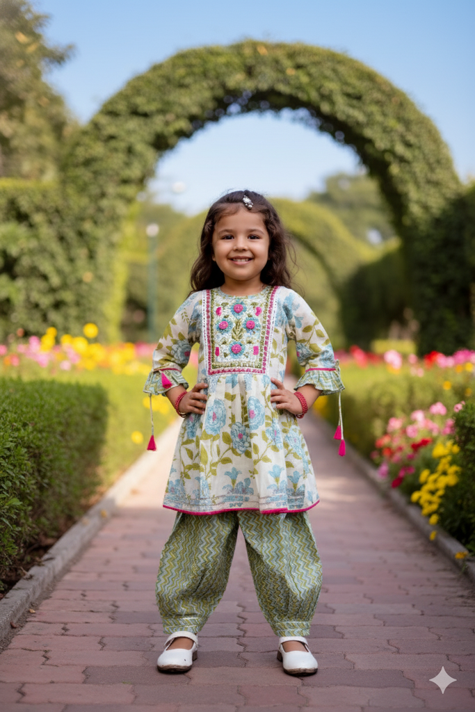 Girls Ethnic Wear - White and Green Kurta Set
