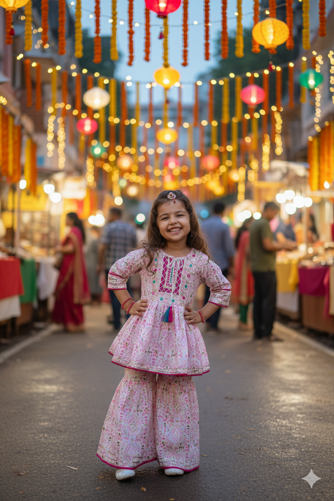 Girls Ethnic Wear - White and Pink Sharara Set