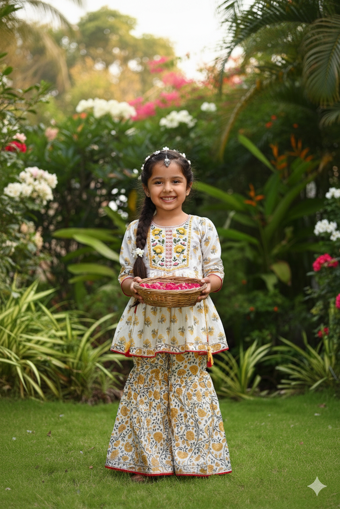 Girls Ethnic Wear - White and Yellow Sharara Set