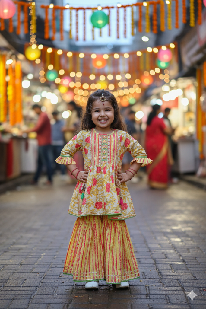 Girls Ethnic Wear - Yellow and Green Sharara Set