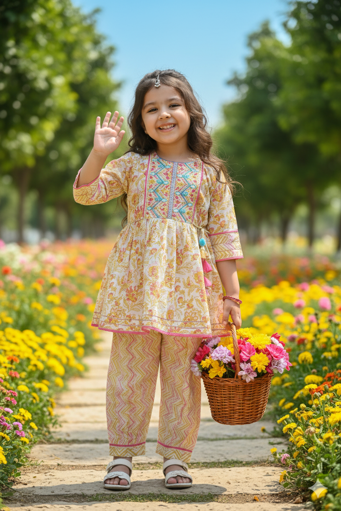 Girls Ethnic Wear - Yellow and Pink Kurta Set