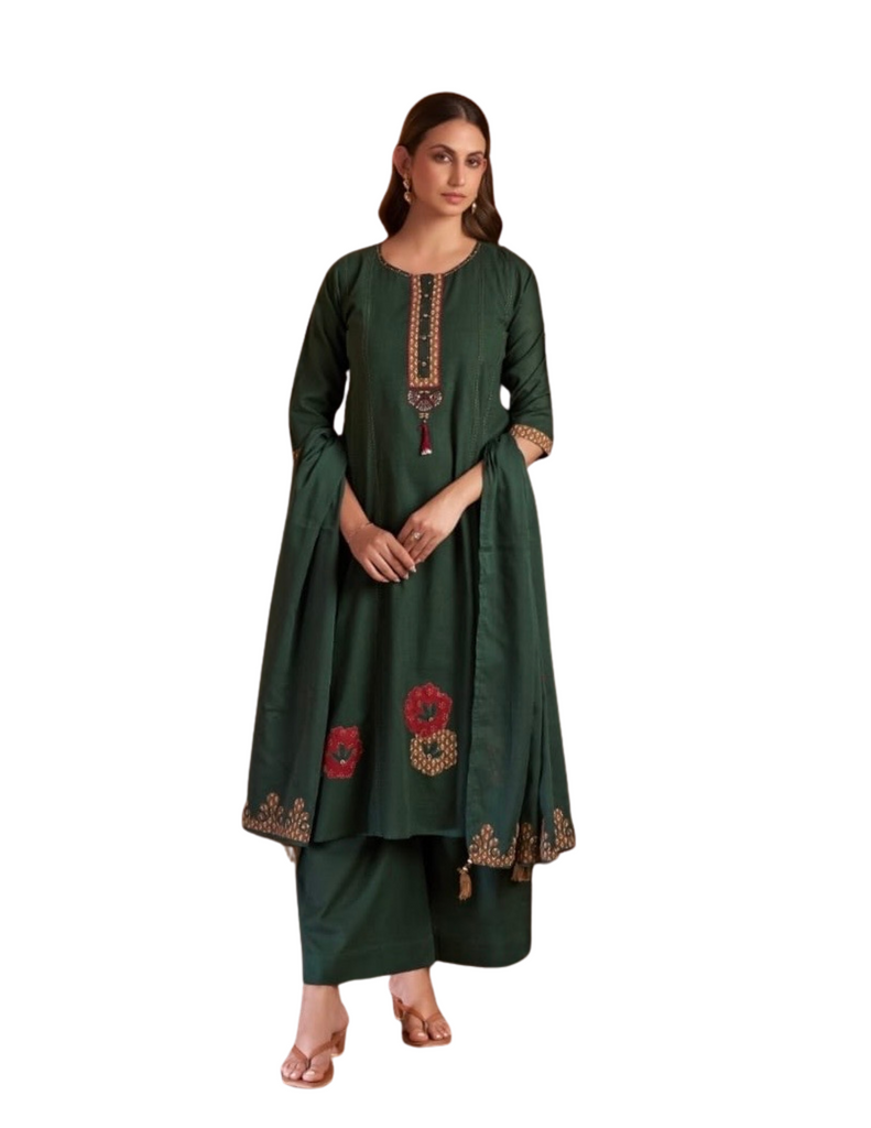 Green and Mustard Salwar Suit - Cotton - 3 pieces