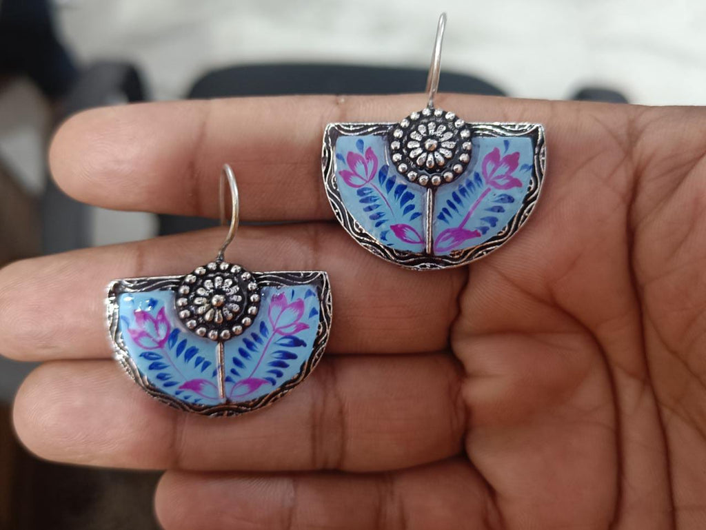 Hand Painting Silver Plated Earrings - Blue