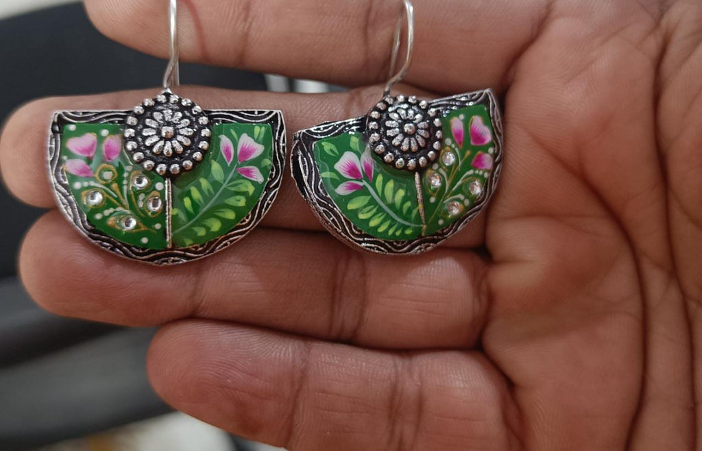 Hand Painting Silver Plated Earrings - Green