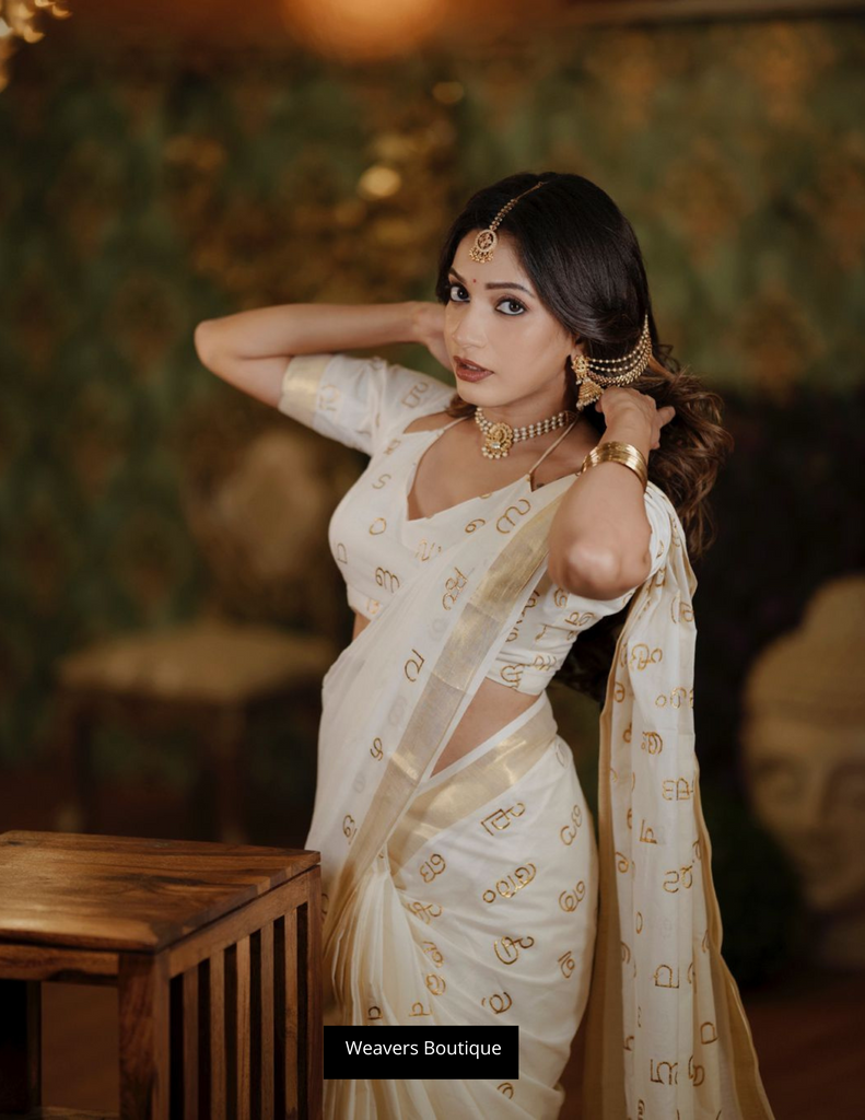 Kerala Akshara Mala Embroidered Cotton Saree