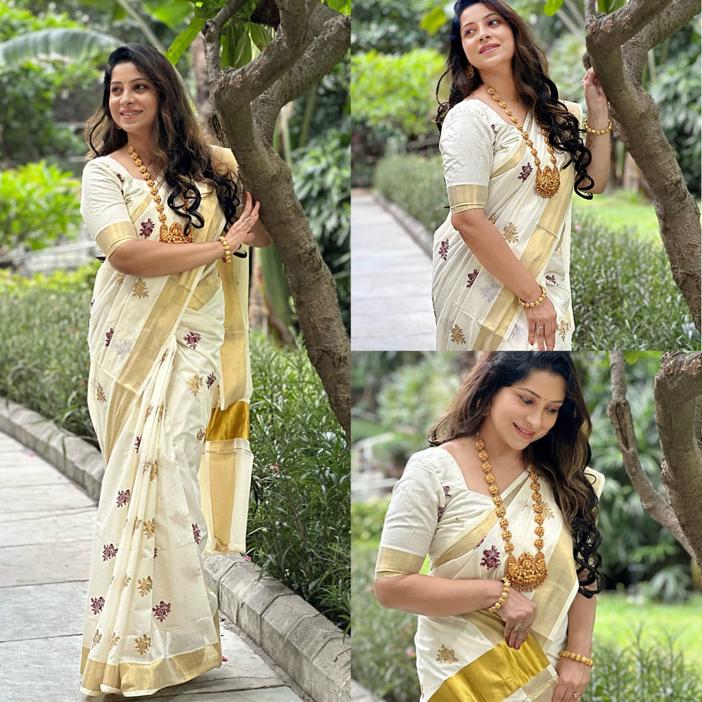 Kerala Cotton Saree With Rose Embroidery